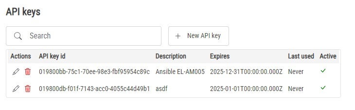 API keys page