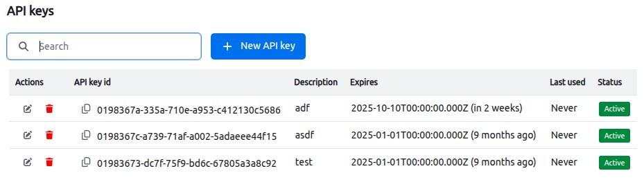 API keys page