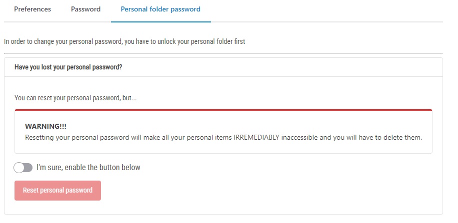 Personal folder password reset
