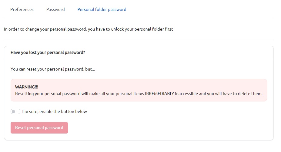 Personal folder password reset